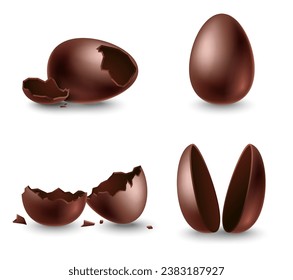 Broken eggshell, two halves and whole chocolate eggs sweet easter dessert made of dark cocoa set isolated on white background. Paschal confectionery vector illustration