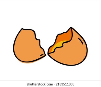 Broken eggshell with yolk isolated on white background, hand drawn or doodle style. Flat vector illustration.