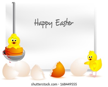 Broken eggshells with yellow chick in scoop