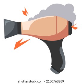 Broken Electric Appliances And Devices, Isolated Hairdryer With Sparks Of Fire And Smoke. Malfunctioning Or Damaged Equipment For Hairstyling And Hairdressing. Burning Instrument. Vector In Flat Style