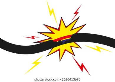 Gebrochenes elektrisches Kabel mit Funken und Blitzen, das Gefahren, Kurzschluss oder Stromausfall symbolisiert - einzelne Vektorgrafik.