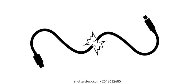 Broken electric cable vector illustration symbolizing power failure, connection issues, or damaged wiring ideal for repair services, maintenance warnings, and technical diagrams