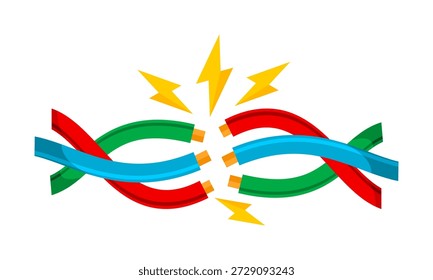Broken electric cable wire short circuit icon flat vector design
