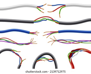 Stromkabel kaputt. Beladene realistische Stromkabel. Verschiedene geschwungene, flexible Formen mit anhaftenden, zerrissenen Verbindungen. Unisolierter Stromkreis. Vektordefekt