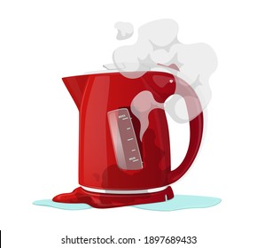 Broken Electric Kettle Isolated on White Background. Destroyed Appliance with Steam, Poured Water and Melted Plastic, Damaged Kitchen Technics, Repair Service, Scrap Thing. Cartoon Vector Illustration