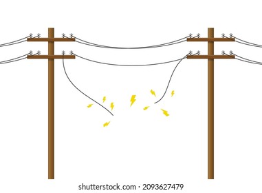 Broken electric pole damaged short circuit with spark. Wood power lines, Electric power transmission. Utility pole Electricity concept. High voltage wires, Vector illustration