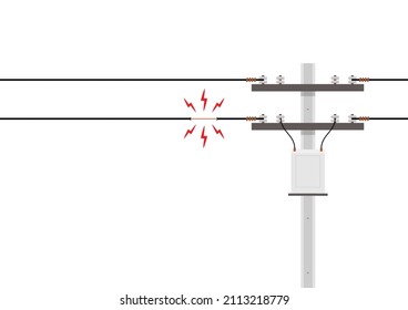 Broken Electric Pole Damaged Short Circuit With Spark. A Vector Illustration Of Damaged And Broken Power Line. Power Cut With Broken Power Cables.