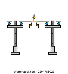 Broken electric wire of cement high power voltage pole is damaged and short circuit spark cause danger electrocution risk on white background black icon flat vector design.