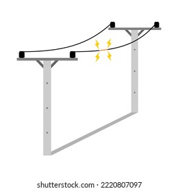 El cable eléctrico roto del poste de alta tensión de potencia está dañado y la chispa de cortocircuito causa riesgo de electrocución en el diseño de vectores planos de fondo blanco.
