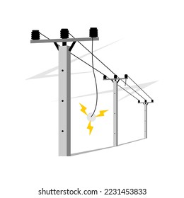 Broken electric wire of high power voltage pole is damaged and short circuit spark cause danger electrocution risk on white background flat vector design.