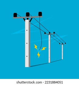 Broken electric wire of high power voltage pole is damaged and short circuit spark cause danger electrocution risk on blue sky background flat vector design.