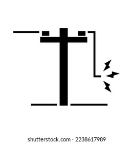 Broken electric wire of high power voltage pole is damaged and short circuit spark cause danger electrocution risk on white background black icon flat vector design.