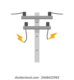 Broken electric wire of high power voltage pole is damaged and short circuit spark cause danger electrocution risk icon flat vector design
