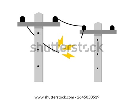 Broken electric wire of high power voltage pole is damaged and short circuit spark cause danger electrocution risk icon flat vector design