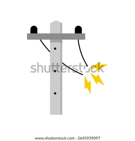 Broken electric wire of high power voltage pole is damaged and short circuit spark cause danger electrocution risk icon flat vector design