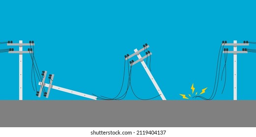 Broken electric wire of high voltage pole is damaged and short circuit spark electric current to floor ground cause danger on blue sky background flat vector design.