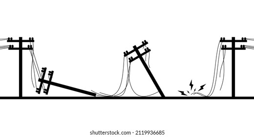 Broken electric wire of high voltage pole is damaged and short circuit spark electric current to floor ground cause danger on white background black icon flat vector design.
