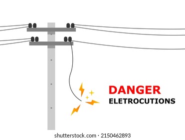 Broken electric wire of high voltage pole is damaged and short circuit spark cause danger electrocution risk on white background flat vector design.
