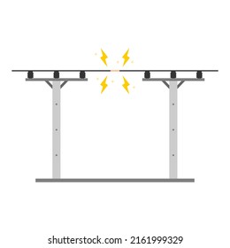 Broken electric wire of high voltage pole is damaged and short circuit spark cause danger electrocution risk on white background flat vector design.