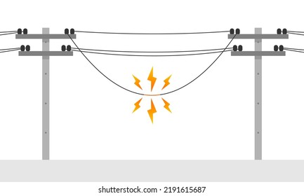 Broken electric wire of high voltage pole is damaged and short circuit spark cause danger electrocution risk on white background flat vector design.