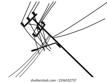 Broken electric wire of high voltage pole is damaged and short circuit spark electric current to floor ground cause danger on white background black icon flat vector design.