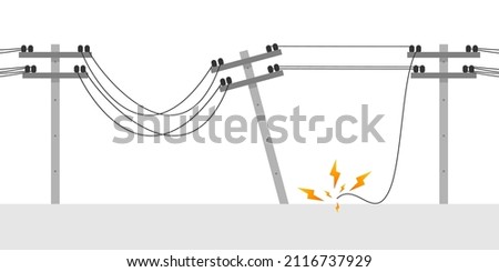 Broken electric wire of high voltage pole is damaged and short circuit spark electric current to floor ground cause danger on white background flat vector design.