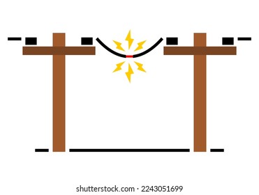 El cable eléctrico roto de un poste de alta potencia de madera está dañado y la chispa de cortocircuito causa riesgo de electrocución en el fondo blanco icono negro diseño de un vector plano.