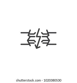 Broken electric wires line icon, outline vector sign, linear style pictogram isolated on white. Broken cable symbol, logo illustration. Editable stroke