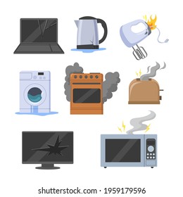 Broken electrical appliances vector illustrations set. Damaged equipment and kitchen devices, microwave, toaster, stove, TV isolated on white background. Household, kitchen, safety, equipment concept