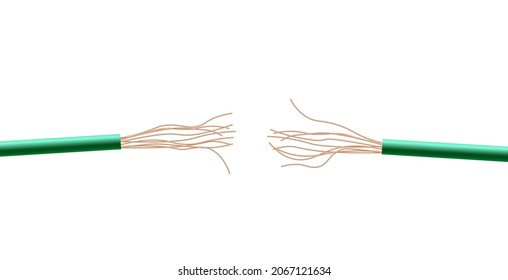 Broken Electrical Cable With Exposed Wires Template, Realistic Vector Illustration Isolated On White Background. Mockup Of Broken Cut Electrical Wire.