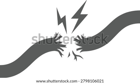 Broken electrical cable icon, damaged wire with lightning spark, power outage concept, short circuit accident, industrial danger symbol