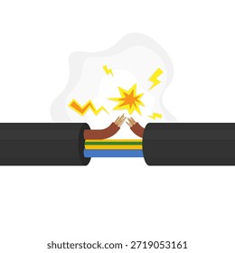 Broken electrical cable with sparks. Short circuit and damaged wire vector illustration for electrical safety manuals, hazard warning signs, electrician repair services, and insurance content regarding household accidents