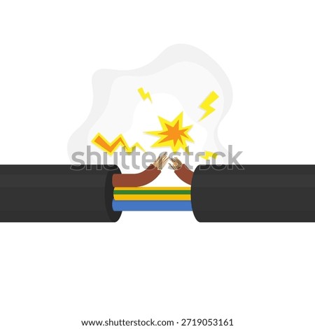 Broken electrical cable with sparks. Short circuit and damaged wire vector illustration for electrical safety manuals, hazard warning signs, electrician repair services, and insurance content regarding household accidents
