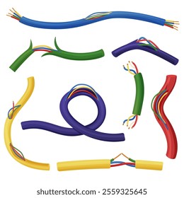 Broken electrical cables. Damaged wires and flexible cable. Dangerous electricity equipments, uninsulated copper wire. Danger connect nowaday vector set