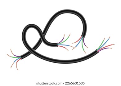 Broken electrical copper wire or cord. Damaged electric power cable. Torn wire with bare wire. Danger electric problem. Color electricity cable. Vector illustration isolated on white background