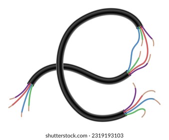Broken electrical copper wire or cord. Damaged electric power cable. Torn wire with bare wire. Danger electric problem. Color electricity cable. Vector illustration isolated on white background