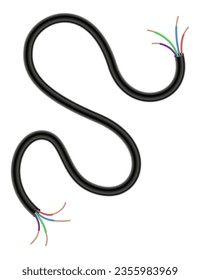 Broken electrical copper wire or cord. Damaged electric power cable. Torn wire with bare wire. Danger electric problem. Color electricity cable. Vector illustration isolated on white background