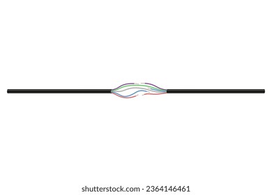 Broken electrical copper wire or cord. Damaged electric power cable. Torn wire with bare wire. Danger electric problem. Color electricity cable. Vector illustration isolated on white background