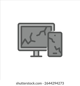 Icono de contorno electrónico lleno roto. Ilustración de línea de color de gadget roto.