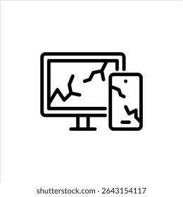 Icono de contorno electrónico roto. Ilustración de línea negra de gadget roto.