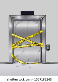 Broken elevator closed for repair, hand drawn vector illustration