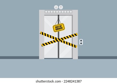 Broken elevator closed for repair or maintenance. Warning yellow stripe. No entry. Vector illustration