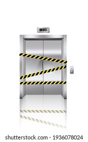 Broken elevator doors in repair. Lift closed with ribbon in hotel or office building vector illustration. Realistic stainless steel hallway interior element on white background.