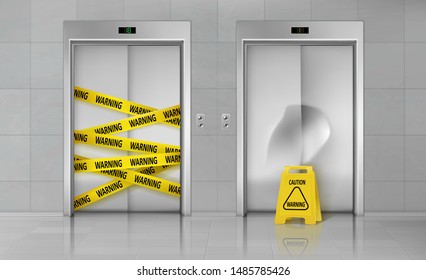 Broken elevators closed for repair or maintenance 3d realistic vector concept. Caution sign standing near lift damaged doors with dent, elevator doorway wrapped with warning yellow stripe illustration