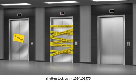 Broken elevators closed for repair or maintenance. Warning sign hang on lift damaged doors with dent, chrome metal doorway gate wrapped with warning yellow stripe, realistic 3d vector Illustration