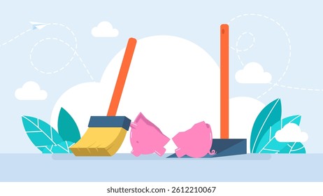 Broken empty piggy bank, dustpan, broom, throw it away. Concept of inflation, devaluation of money, loss of savings. Poor money management, bankruptcy. Vector illustration
