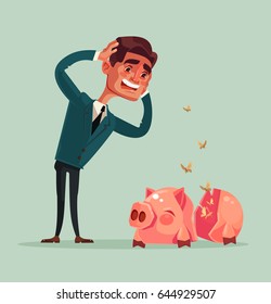 Broken empty piggy bank. No money. Sad unhappy crying office worker businessman character. Vector flat cartoon illustration