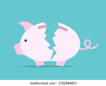 Broken Empty Piggy Bank On Turquoise Blue. Financial Crisis, Default, Poverty, Bankruptcy, Budget And Investment Concept. Flat Design. EPS 8 Vector Illustration, No Transparency, No Gradients