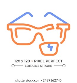 Broken eyeglasses two color line icon. Repairing glasses. Eyewear maintenance. Repair services bicolor outline symbol. Duotone linear pictogram. Isolated illustration. Editable stroke