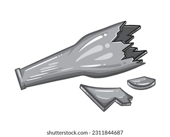 Broken fallen down glass bottle with grayscale monochrome colors vector illustration isolated on white background. Simple flat art styled cartoon outlined drawing.